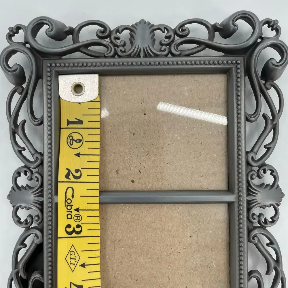Double Photo Frame, Metal, Pewter Color, Ornate Scroll, 2 1/4” X 3 1/4” Ea. Side